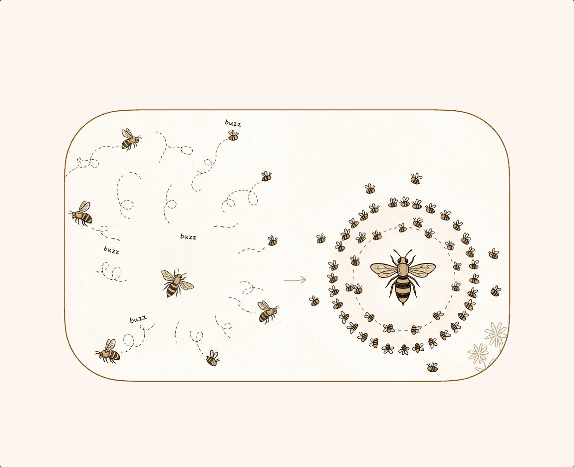 A line drawing: on the left, bees flying in every direction along looping dotted trails, each marked buzz; on the right, the same bees settled in two rings around a single large queen bee