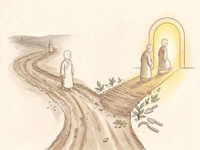 A line drawing of a fork in a path: one branch worn smooth, one newly cleared; a figure stands at the fork, and two more wait at a lit doorway further along the cleared branch