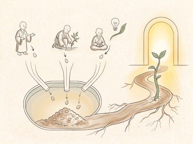 A line drawing of one person three times, thinking, speaking and acting, each dropping a seed into the ground; the seeds gather in the earth and a single sprout rises toward a lit doorway