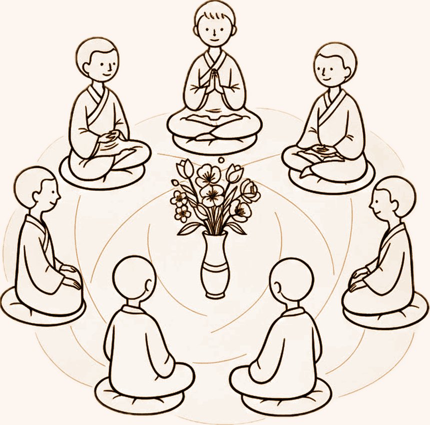 A line drawing of eight people sitting in meditation in a circle around a vase of flowers, faint rings spreading outward between them