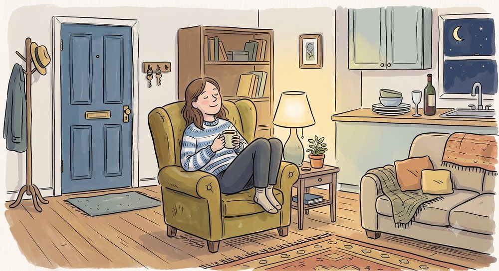 An illustration of a woman sitting alone in an armchair with a mug, in a warmly lit living room after a gathering, the front door closed and dishes stacked by the sink