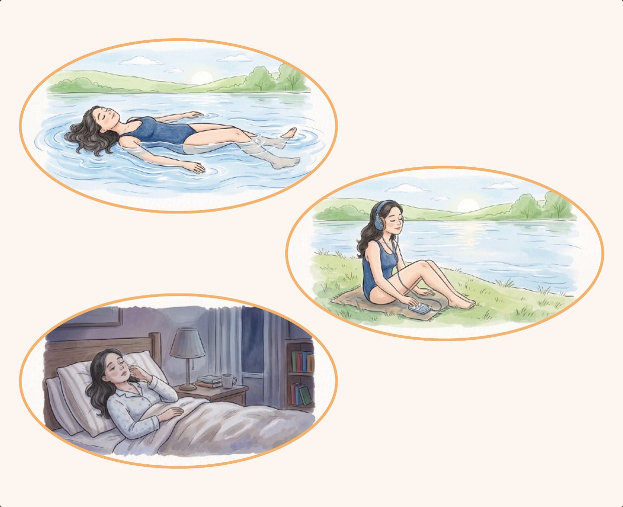 Three oval illustrations: a woman floating on her back in a lake with her eyes closed; the same woman sitting on the bank with headphones on, looking out at the water; and the woman in bed at night, half asleep