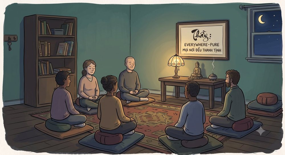 An illustration of seven people sitting in meditation on cushions in a living room at night, a lamp and a small Buddha on a low table, a framed calligraphy reading Everywhere-Pure on the wall