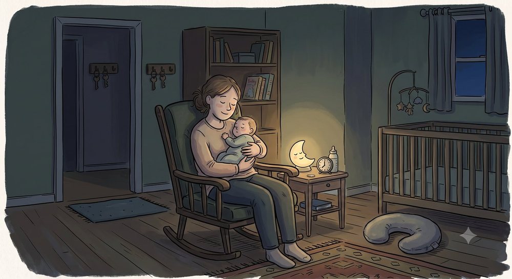 An illustration of a woman in a rocking chair in a dark nursery, holding a sleeping baby, a small night-light glowing beside her