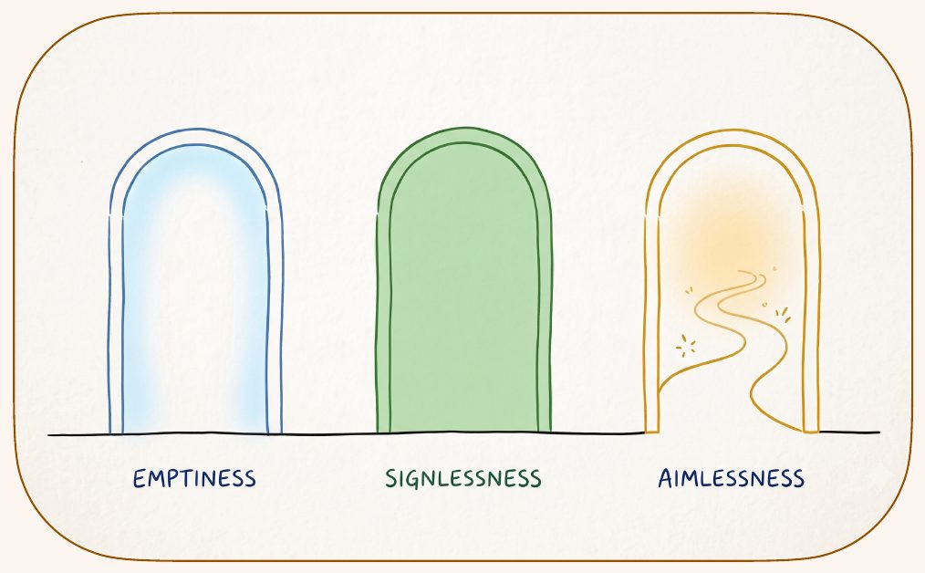 A line drawing of three doorways side by side, captioned Emptiness, Signlessness and Aimlessness; the third stands open with a path leading out through it